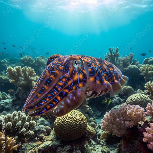 Obraz Vibrant cuttlefish displays intricate patterns while swimming through a sunlit coral reef.