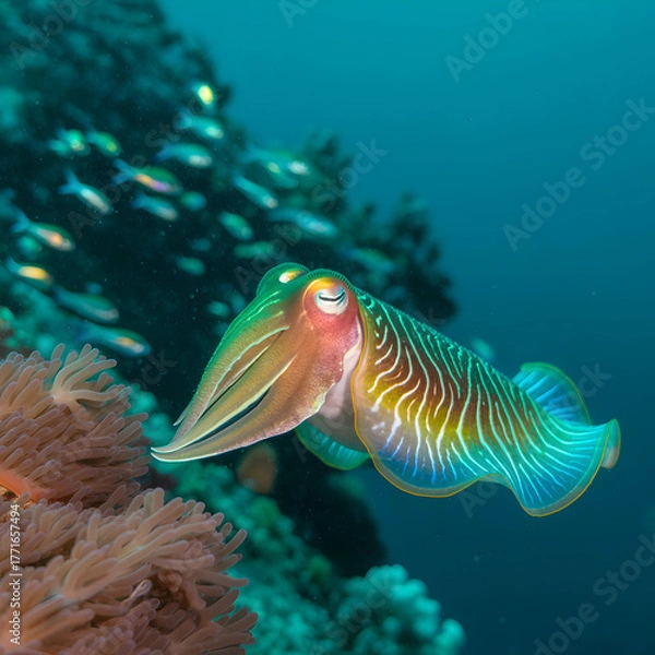 Obraz Vibrant cuttlefish gracefully swims near coral reef in clear ocean water