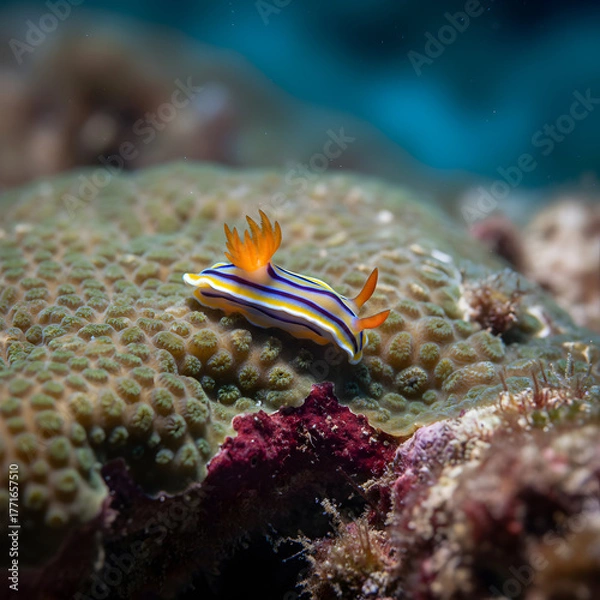 Obraz Vibrant sea slug with striking colors glides across textured coral reef underwater.