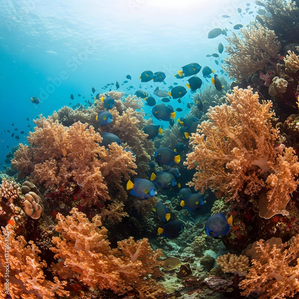Obraz Vibrant coral reef teeming with colorful tropical fish in clear blue ocean water