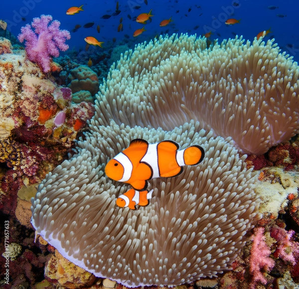 Obraz Vibrant clownfish nestle safely within a large, textured anemone in a colorful coral reef.