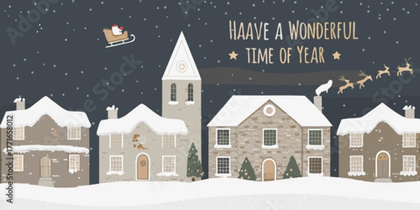 Fototapeta Charming snow covered village scene with santa in his sleigh and reindeer flying overhead wishing a wonderful time of year