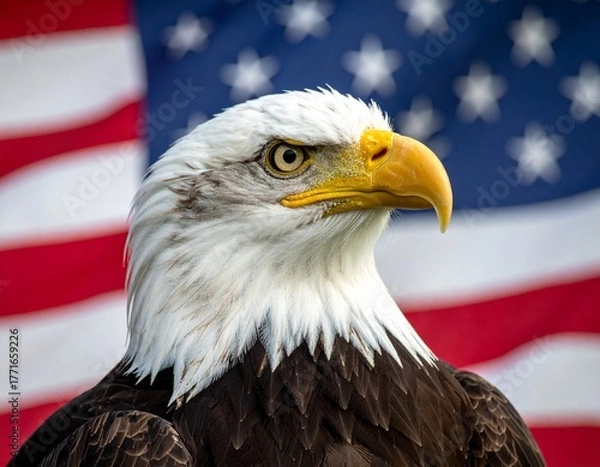 Obraz A close-up of a bald eagle with piercing eyes and a sharp yellow beak, set against the American flag—evoking strength, freedom, and the enduring spirit of national pride.