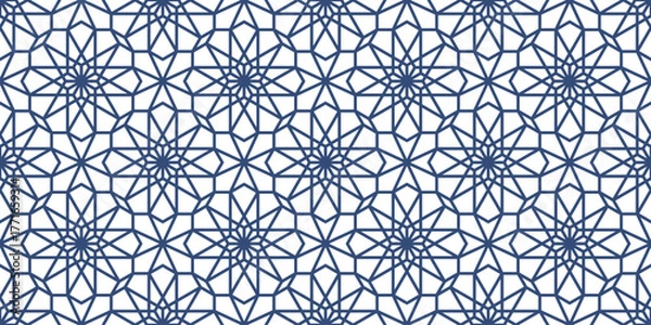 Fototapeta Navy Blue Islamic Geometric Star Pattern. Blue and White Moroccan Geometric Tile Repeat. Traditional Eastern Star Mosaic Background