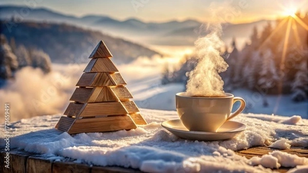 Obraz Serene Winter Sunrise A Warm Beverage and Wooden Tree Ornament on a Snowy Tabletop