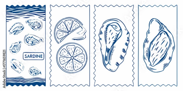 Fototapeta Hand drawn blue ink illustrations of sardines and lemon slices on white background