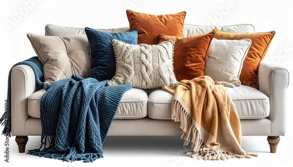 Obraz A beige upholstered sofa with tufted cushions, layered in cozy throw pillows and blankets in neutral tones—evoking warmth, texture, and the inviting elegance of a thoughtfully styled living space.