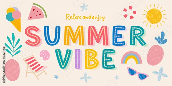 Fototapeta Bright and cheerful summer vibe lettering with fun vacation icons and relaxing message