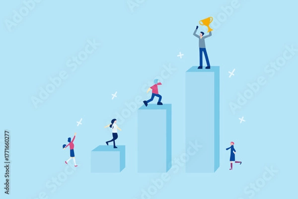 Fototapeta Diverse group of people climbing a bar graph representing success and achievement with a trophy at the top