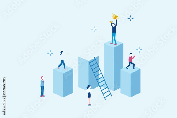 Fototapeta Diverse business people climbing success ladder and reaching goals celebrating victory with trophy on podium