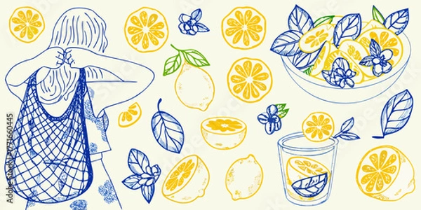 Fototapeta Hand drawn illustration of a woman with a mesh bag surrounded by lemons and lemon slices in yellow and blue sketch style
