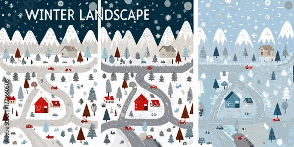 Fototapeta Whimsical winter village scenes with snowy mountains and winding roads
