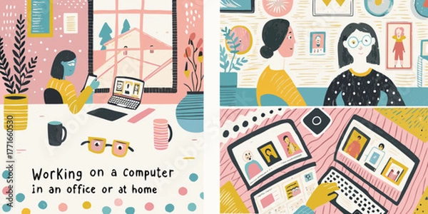 Fototapeta Diverse women collaborating and working remotely on laptops and phones in a cozy home office setting