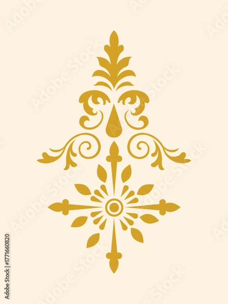 Fototapeta Elegant symmetrical golden ornament with intricate floral and scroll details, a classic vintage decorative element isolated for design.