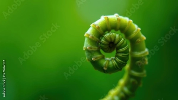 Fototapeta Tight spiral fern frond unfurling with tiny spines in extreme closeup against blurred green backdrop, concept of plant growth, nature macro, botanical science