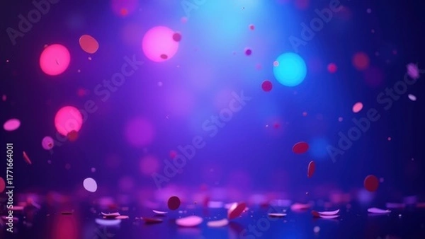 Fototapeta Pink purple confetti pieces floating downward over reflective surface under vibrant bokeh lights with copyspace, concept of party celebration, nightclub decor, festive event