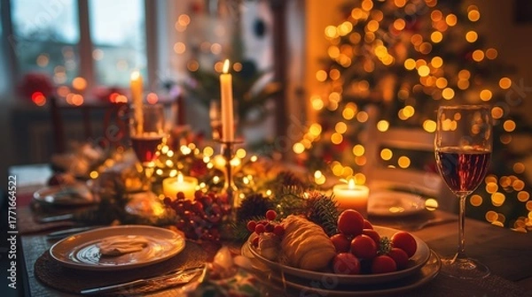 Fototapeta クリスマスツリーのボケと暖かい食卓、おうちクリスマス