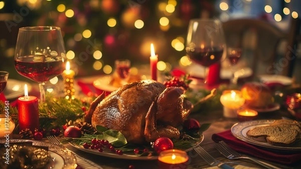 Fototapeta クリスマスのごちそう、七面鳥の丸焼きと赤ワインのグラス