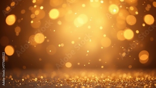 Fototapeta Golden glitter particles sparkling on dark surface under warm bokeh lights with copyspace, concept of luxury celebration, award ceremony, festive elegance