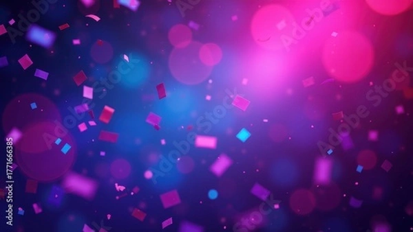 Fototapeta Bright central light beam shining over scattered colorful confetti on dark floor under warm bokeh glow with copyspace, concept of stage performance, award show, festive spotlight