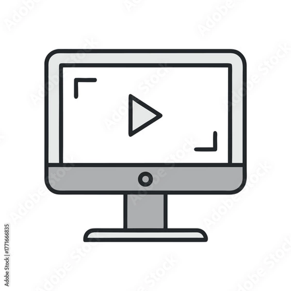 Fototapeta Desktop Computer Video Player Icon, Minimal Monitor with Play Button, Vector Outline on White Background