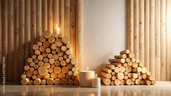 Obraz Warmth and Serenity  Wooden Log Arrangements with Glowing Candles create a cozy and inviting ambiance