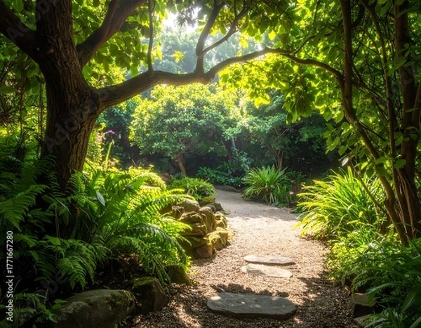 Obraz Sunlit Path Through a Lush Botanical Garden.
