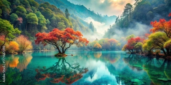 Fototapeta Serene autumnal landscape featuring a vibrant red tree reflected in a tranquil lake, surrounded by lush foliage and misty mountains