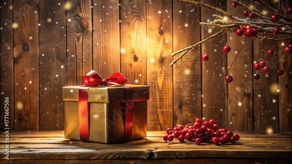Obraz A Festive Golden Gift Box with a Red Ribbon and Holly Berries on a Rustic Wooden Tabletop, Illuminated by Warm Winter Light
