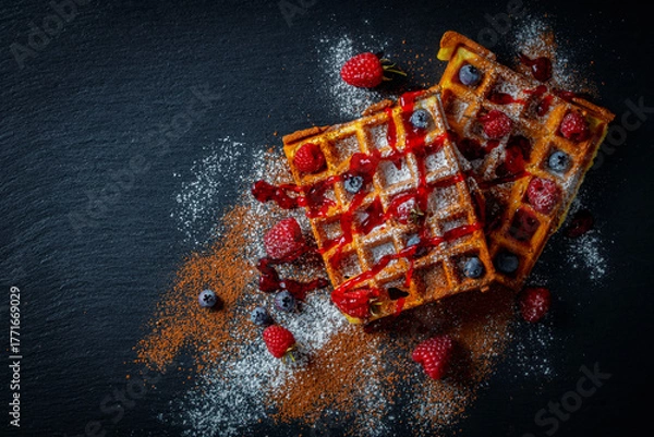Fototapeta Fresh baked berry Belgian waffle with raspberries and blueberries on black a plate for breakfast, closeup, top view. Culinary, cooking, bakery concept. Food recipe background. Sweet waffles