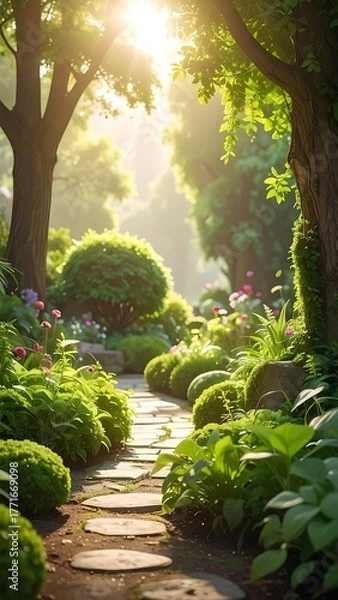 Fototapeta Sunlit Path Through a Lush Green Garden.