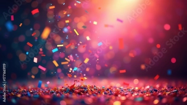 Fototapeta Colorful confetti pieces drifting downward through vibrant bokeh lights on warm gradient background, concept of birthday party, festive greeting, event promotion
