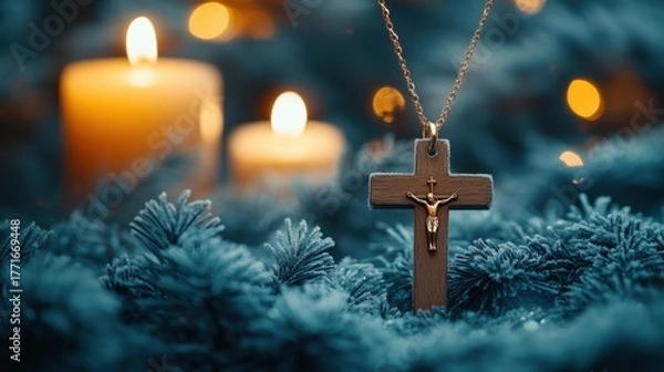 Obraz Winter still life with wooden cross necklace indoor setting artistic display christian symbolism close-up view kanjodnok concept