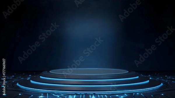 Fototapeta Futuristic product showcase with neon blue lighting for modern technology presentation, ideal for e-commerce displays and innovative product launches