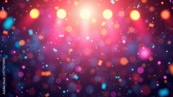 Fototapeta Colorful confetti fragments floating amid vibrant bokeh lights under bright central glow, concept of disco party, birthday celebration, event promo