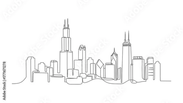 Obraz City Skyline Silhouette: Capturing the majestic skyline with a minimalist linear design, evokes a sense of urban grandeur.