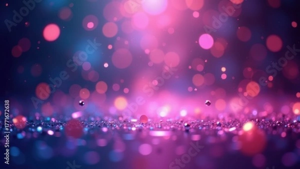 Fototapeta Tiny glitter sparkles scattering over reflective surface under pink purple bokeh lights with copyspace, concept of glamour party, cosmetic promo, festive night