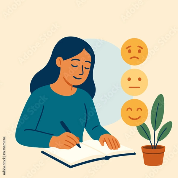 Fototapeta Woman writing in mood journal at desk and smiling