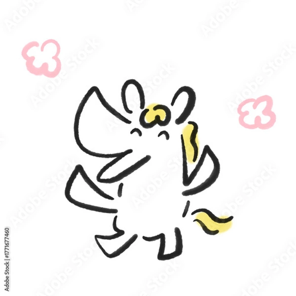 Fototapeta バンザイして大喜びする笑顔の白馬と花　正月素材・墨絵・手描き
