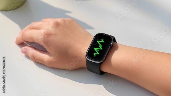 Fototapeta Smartwatch displaying a green heart rate graph on a wrist.