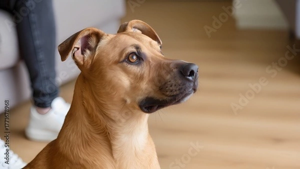Fototapeta "The Protector's Gaze": A creative composition where a pet, a watchful dog is looking intently towards an unseen human, whose legs or partial silhouette are just visible.