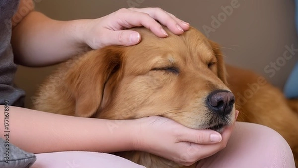 Fototapeta "Comforting Embrace": A heartwarming, close-up shot focusing on the hands of a human gently stroking the soft fur of a content dog or cat. The animal's head is slightly nuzzled into the human's arm.