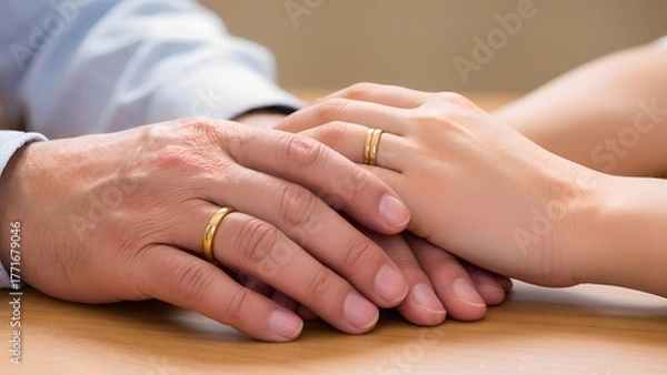 Fototapeta "Intertwined Hands of Time": A close-up, romantic shot focusing on the clasped hands of two individuals, their fingers gently interlocked. One hand could be slightly older, showing faint lines of expe