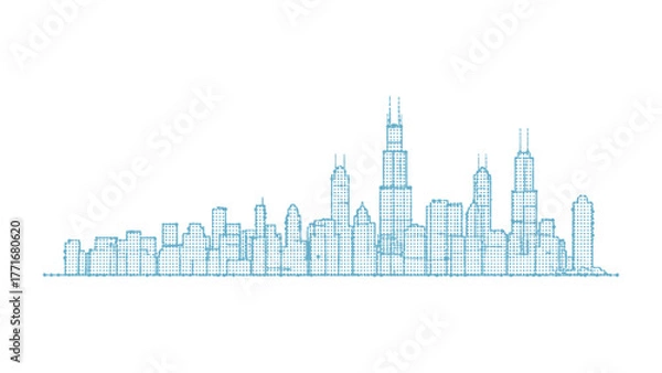 Fototapeta Cityscape Vector Outline: A simple vector illustration of a Chicago city skyline, featuring iconic skyscrapers and architectural landmarks in blue line work against a white backdrop.