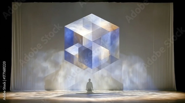 Fototapeta A lone figure sits beneath a luminous abstract cubic structure.