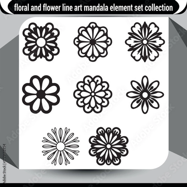 Fototapeta Set of nine delicate floral mandala line art elements for decorative design projects vector