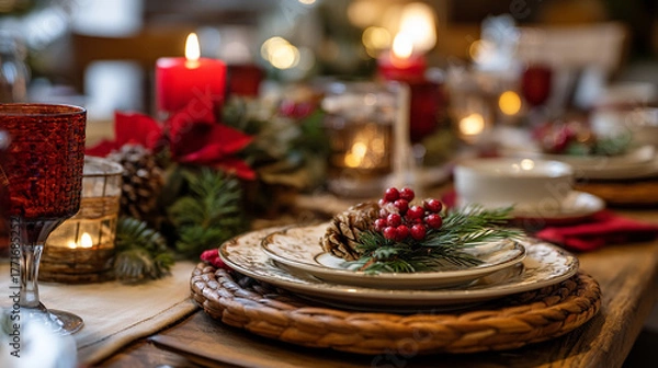 Fototapeta Festive christmas table setting with red candles and decorative tableware arrangement