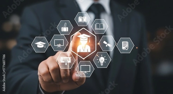 Obraz Businessman interacts with futuristic online education and e-learning system interface