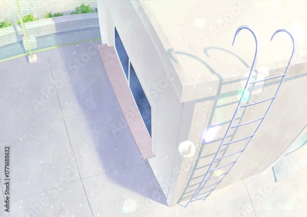 Obraz テキストを乗せやすい余白のある背景_学校の屋上、フレアあり