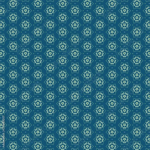 Fototapeta Seamless Hexagon Floral Geometric Pattern—White Star Motif on Blue Abstract Decorative Background